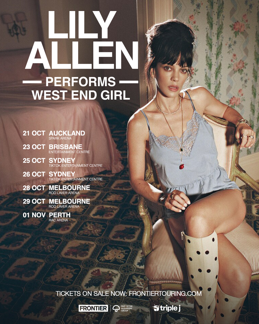 Lily Allen performs West End Girl tour poster featuring tour dates across Auckland and Australian capital cities and ticket details